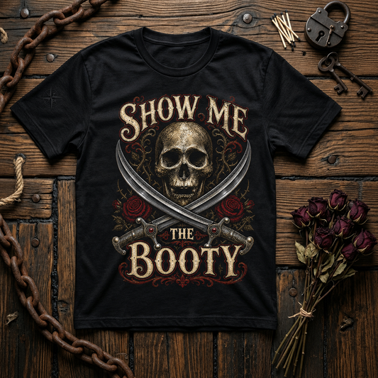 Show Me The Booty skull crossed swords T-Shirt | Pirate treasure