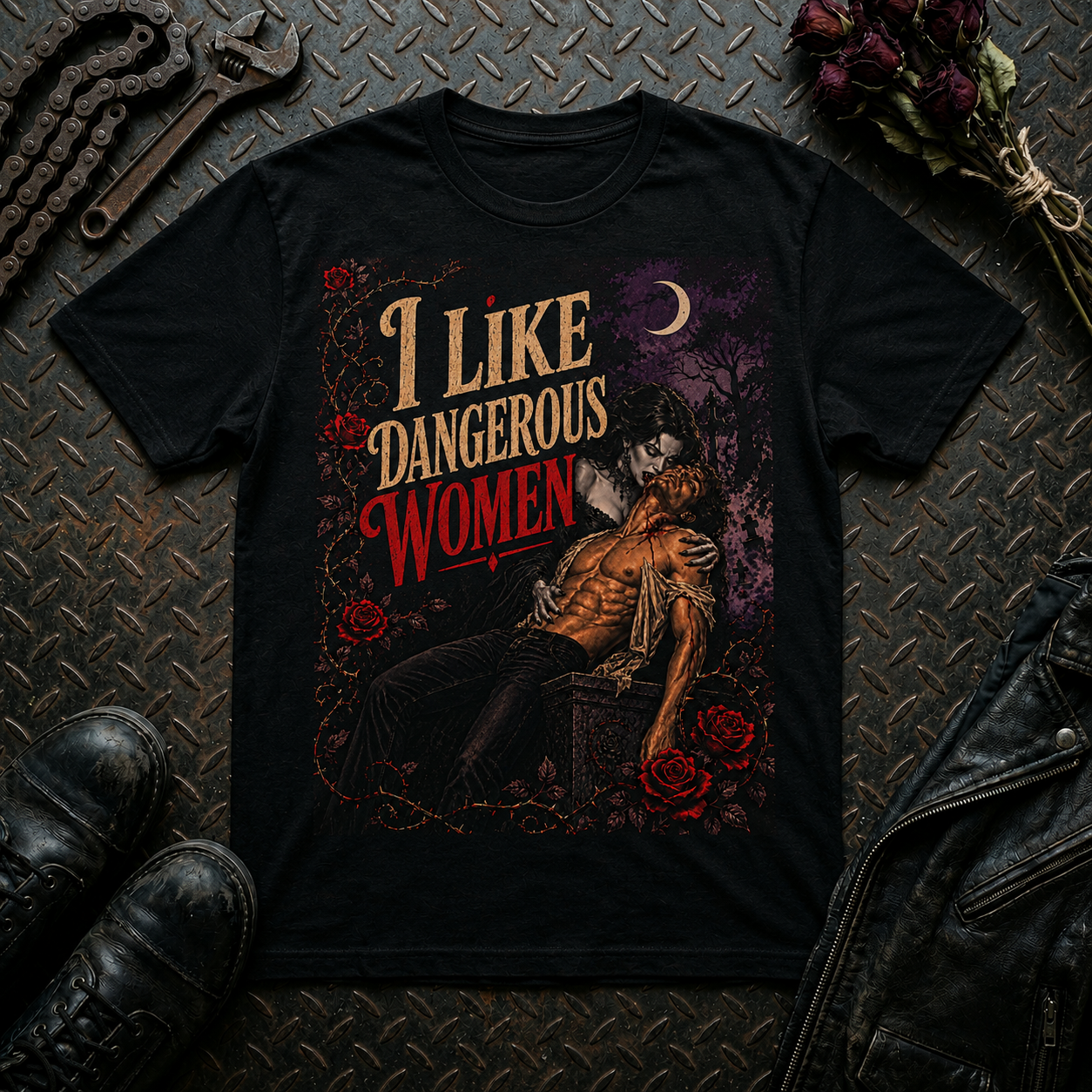 I Like Dangerous Women T-Shirt — Gothic Vampire Moon Graphic Tee