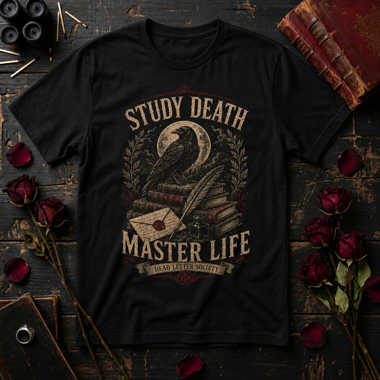 Study Death, Master Life T-Shirt — Gothic Raven Dark Academia Tee