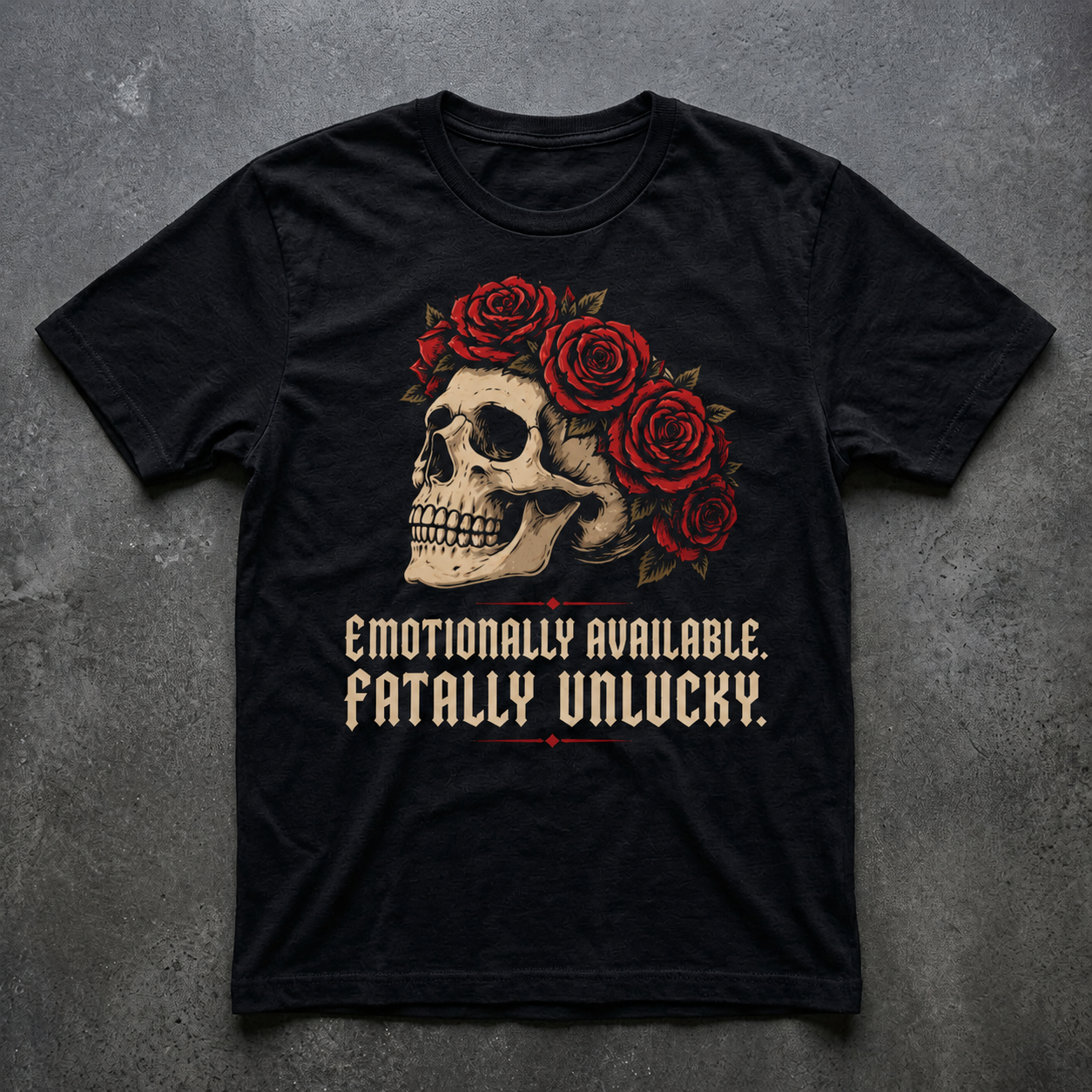 Skull with Red Rose Crown T-Shirt | "Emotionally Available, Fatally Unlucky"