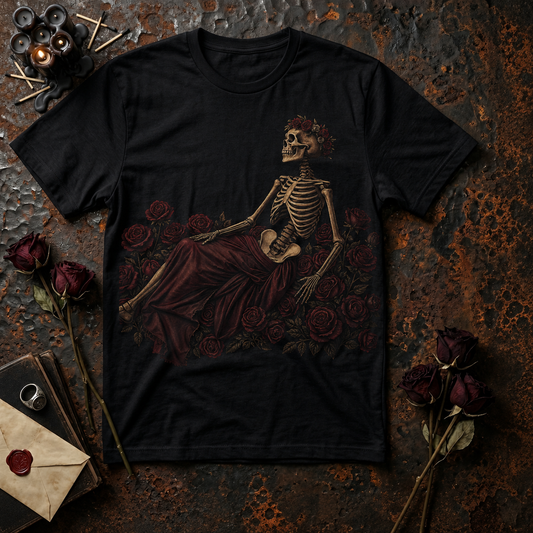 Reclining Skeleton with Roses T-Shirt | Gothic Floral Skeleton Tee