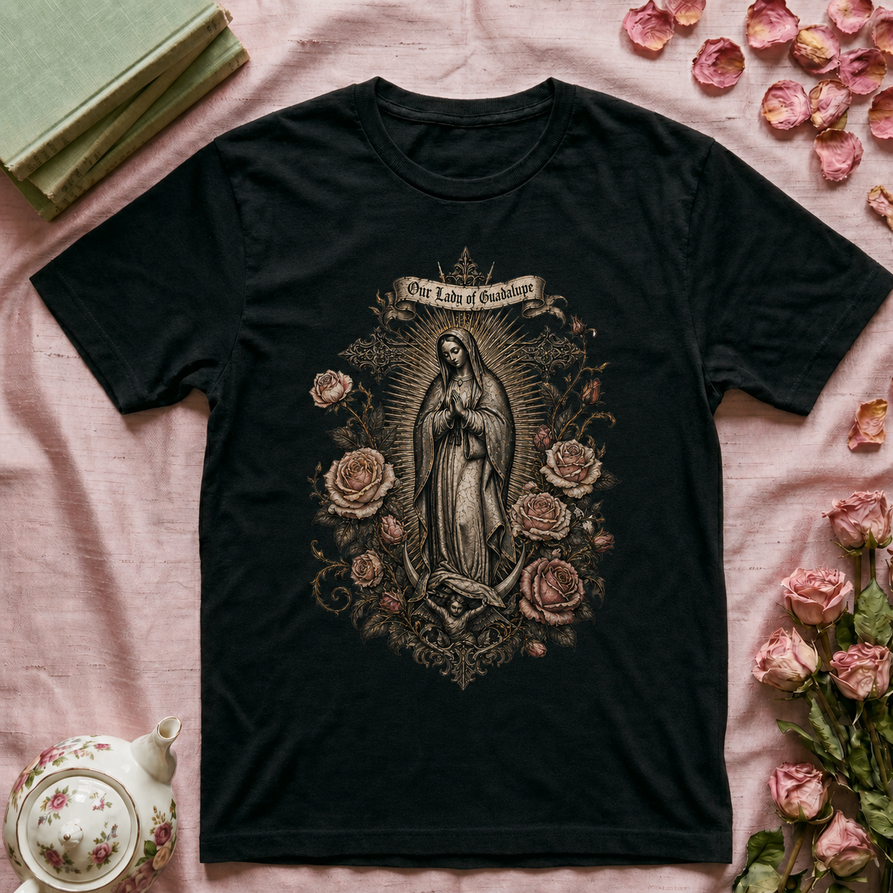 Virgin Mother Lady of Guadalupe Floral T-Shirt — Vintage Catholic Devotional Tee