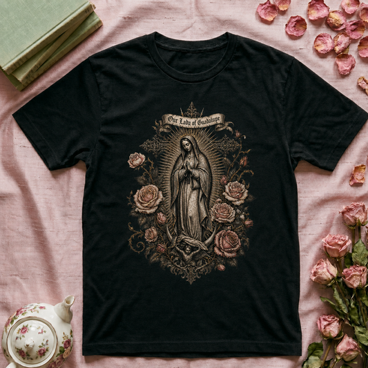 Virgin Mother Lady of Guadalupe Floral T-Shirt — Vintage Catholic Devotional Tee