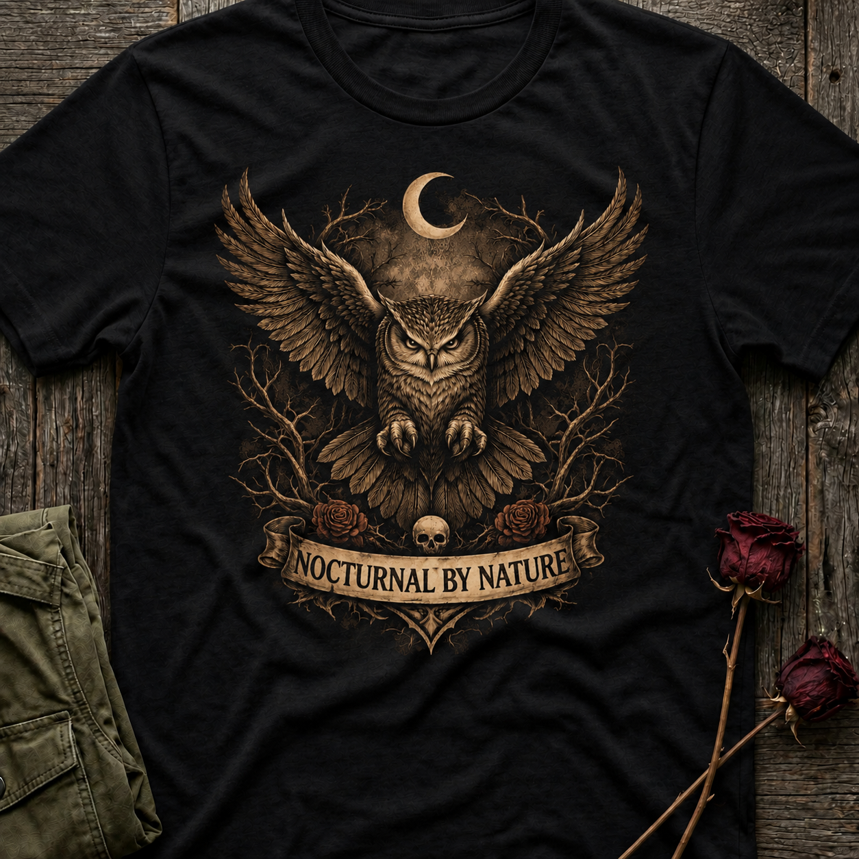 Nocturnal Owl Illustration T-Shirt | 'Nocturnal by Nature' Chest Design
