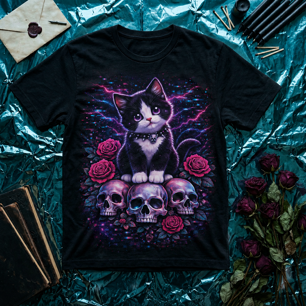 Tuxedo Cat & Skulls T-Shirt — Neon Gothic Graphic Tee