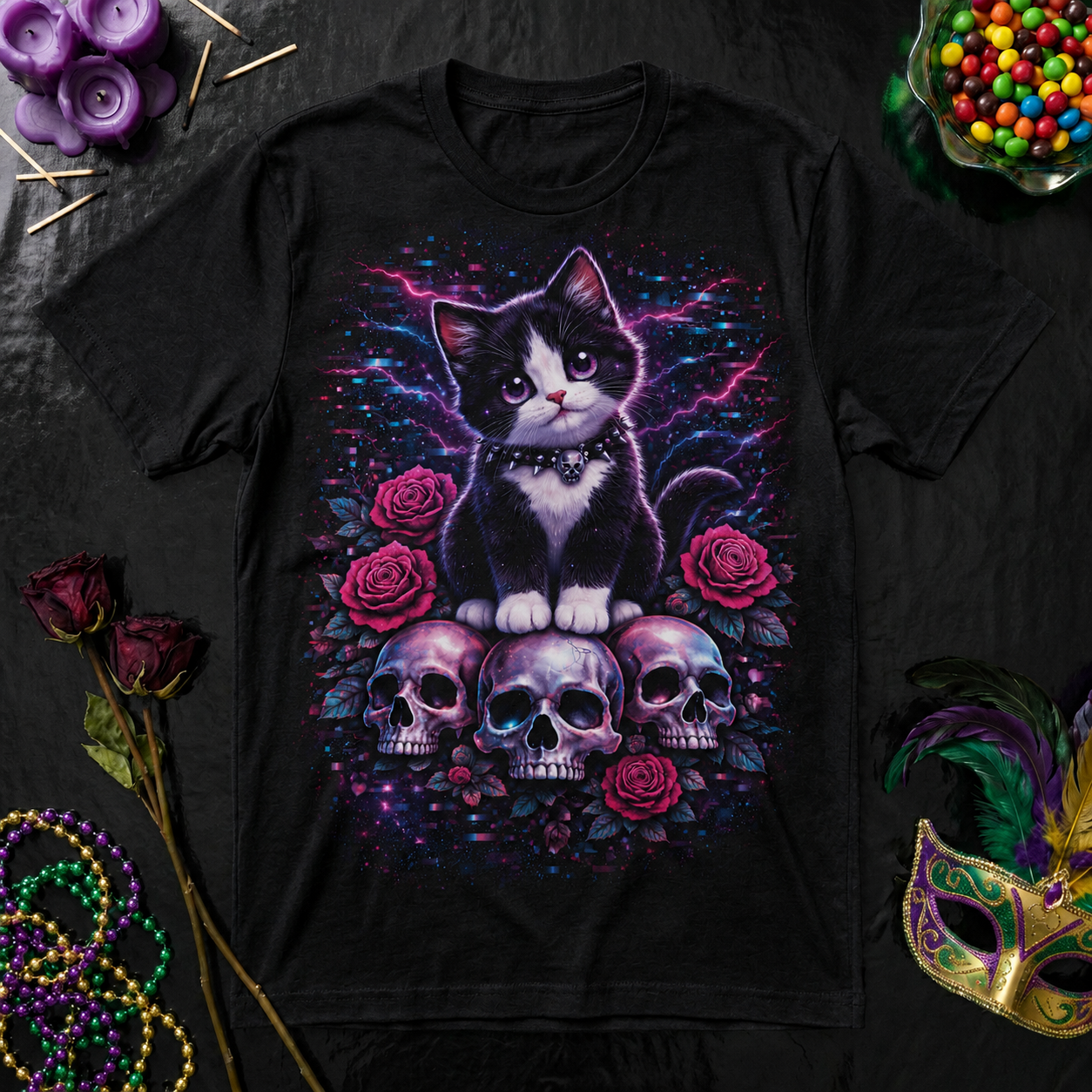 Tuxedo Cat & Skulls T-Shirt — Neon Gothic Graphic Tee