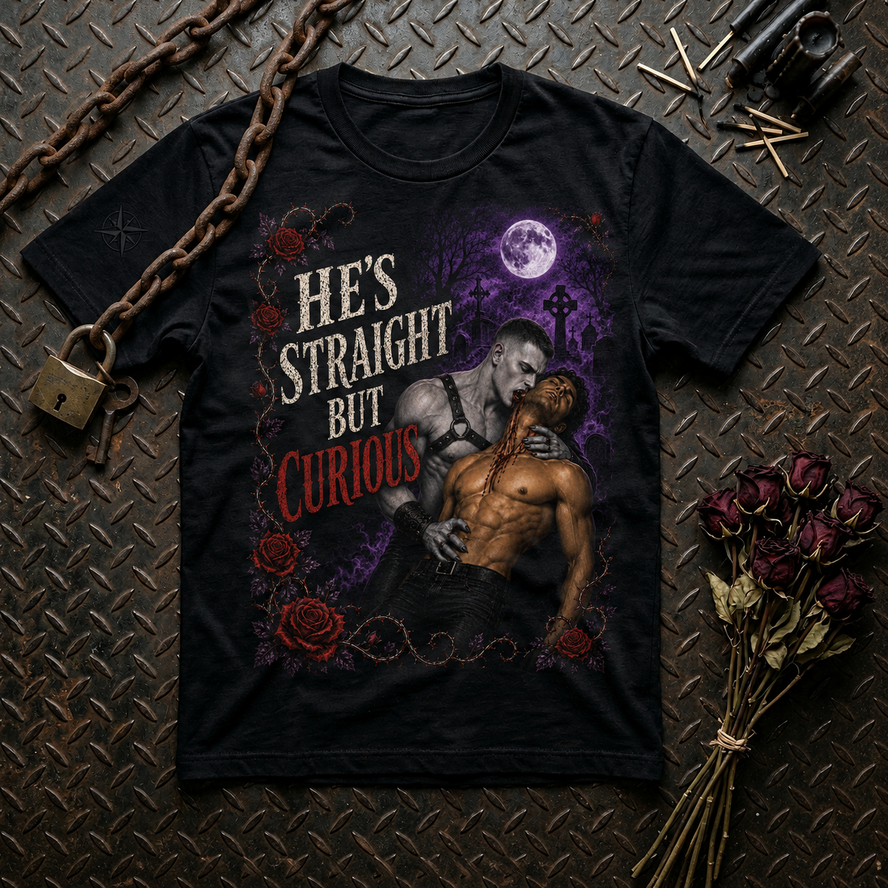 Vampire Sexy Bromance T-Shirt — "He's Straight But Curious" Gothic Gay Pride Tee
