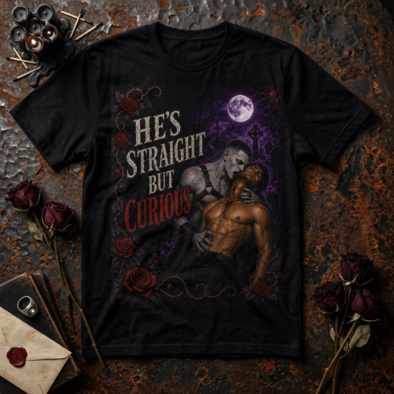 Vampire Sexy Bromance T-Shirt — "He's Straight But Curious" Gothic Gay Pride Tee