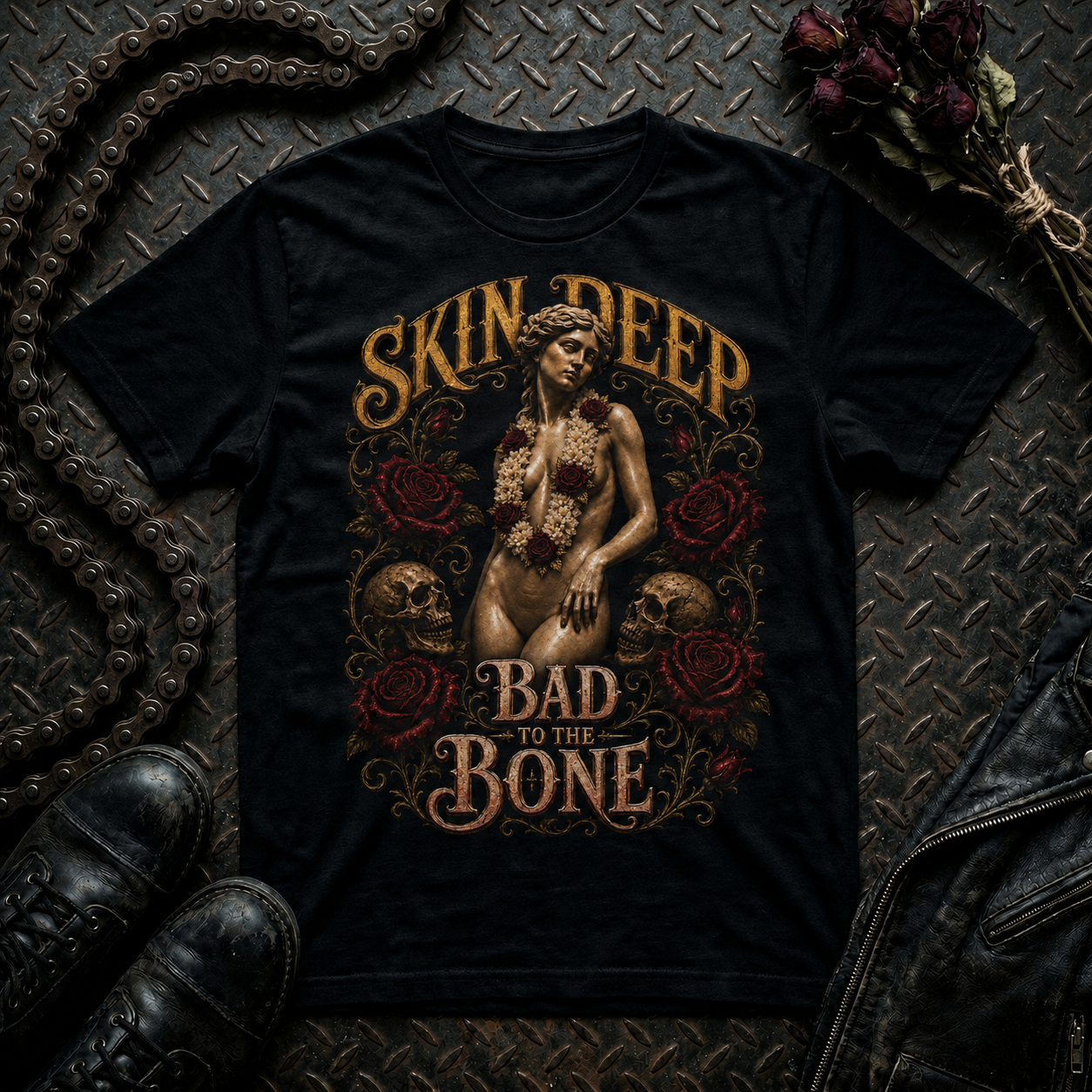"Skin Deep, Bad to the Bone" Vanitas Pin-Up T-Shirt