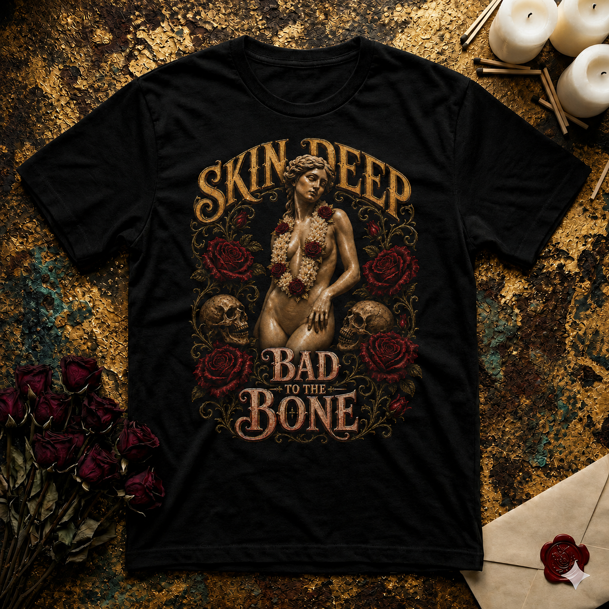 "Skin Deep, Bad to the Bone" Vanitas Pin-Up T-Shirt