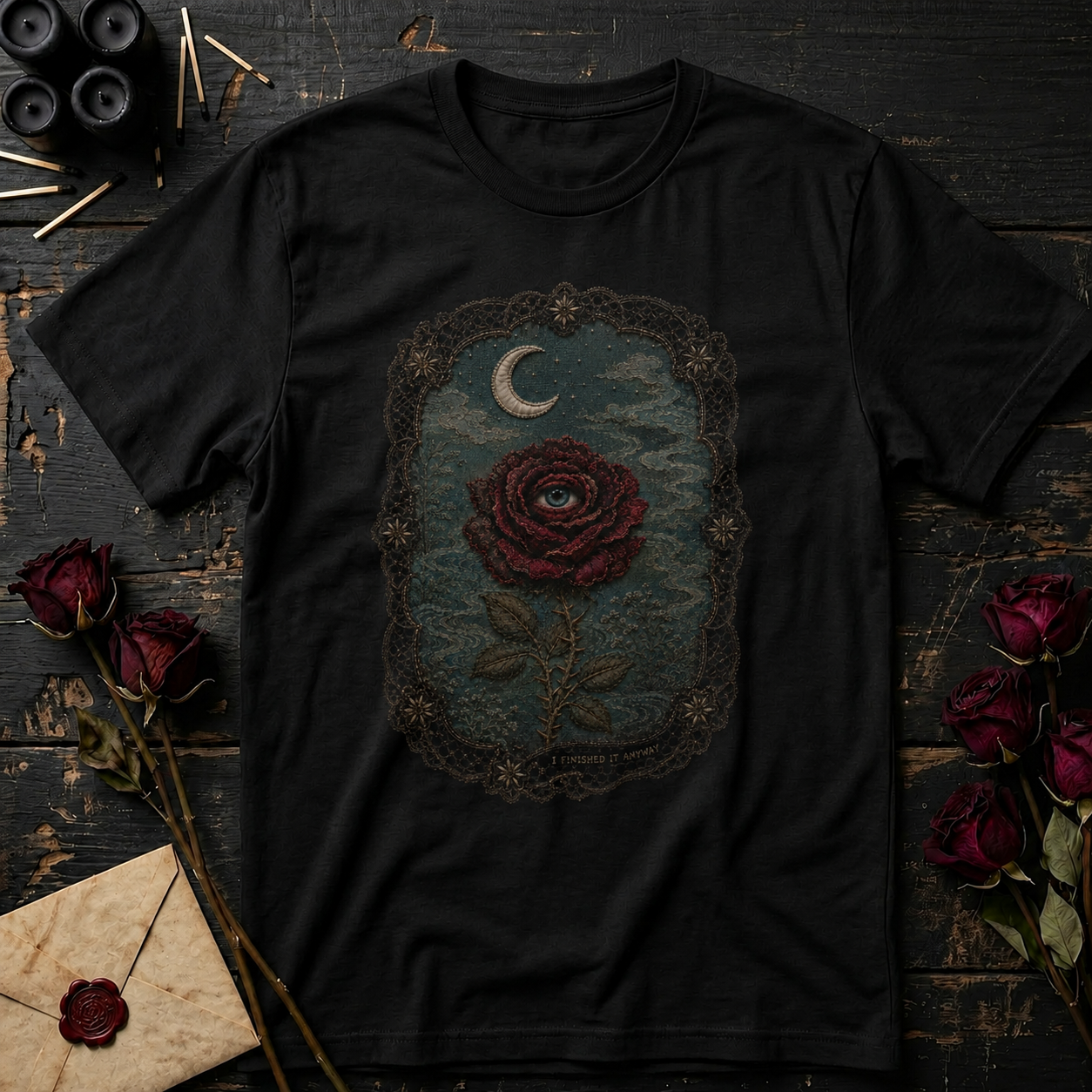 I Finished It Anyway — Embroidered Gothic Rose Moon T-Shirt