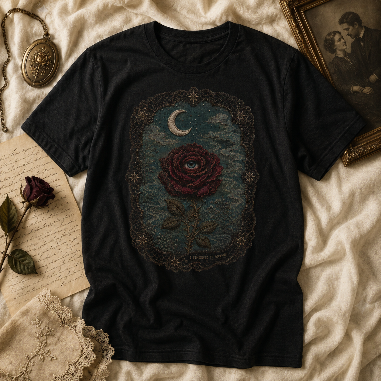 I Finished It Anyway — Embroidered Gothic Rose Moon T-Shirt