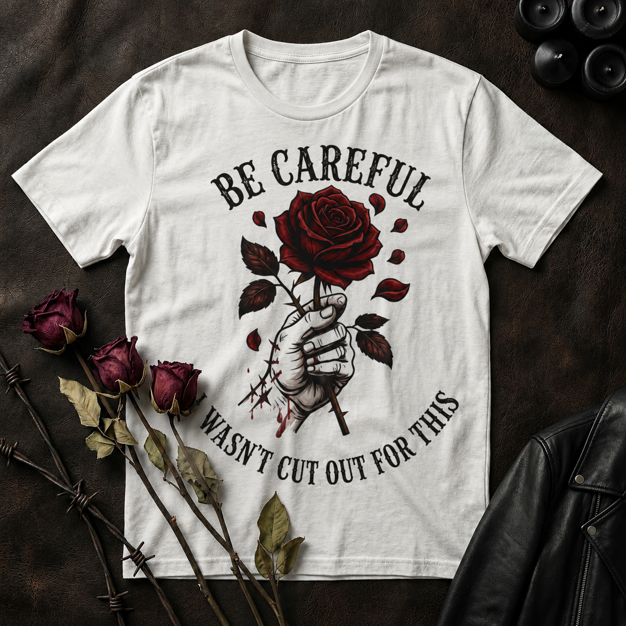 Be Careful Rose Illustration T-Shirt | Hand Holding Thorny Rose, I Wasn't Cut Out For This
