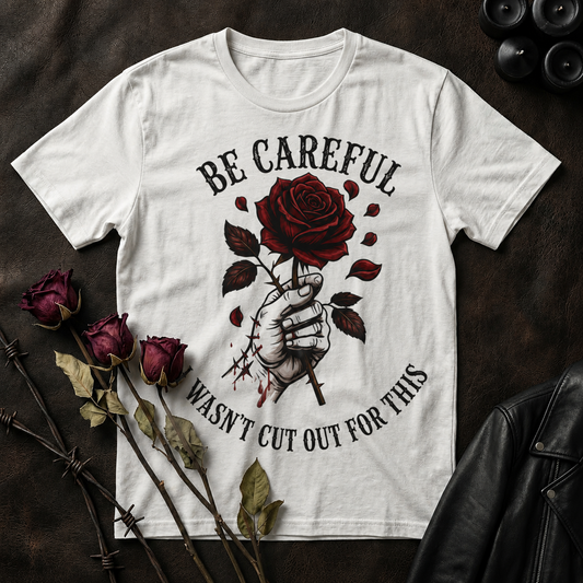 Be Careful Rose Illustration T-Shirt | Hand Holding Thorny Rose, I Wasn't Cut Out For This
