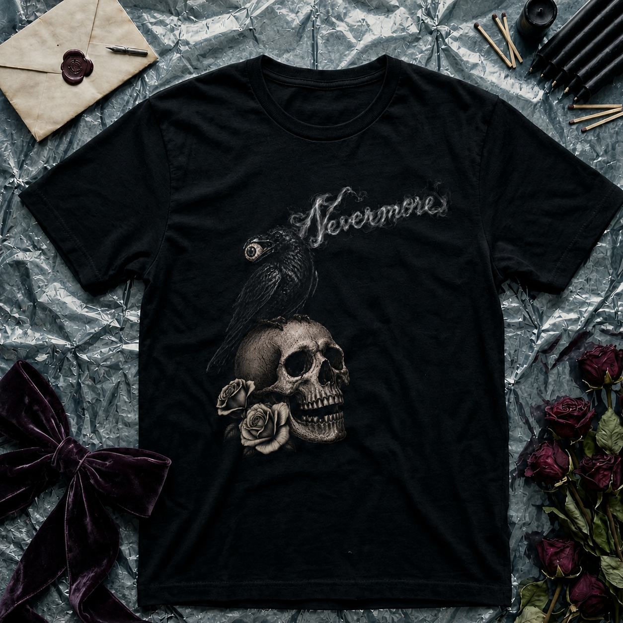 Quoth the Raven Gothic T-Shirt — Dark Rose Skull Tee