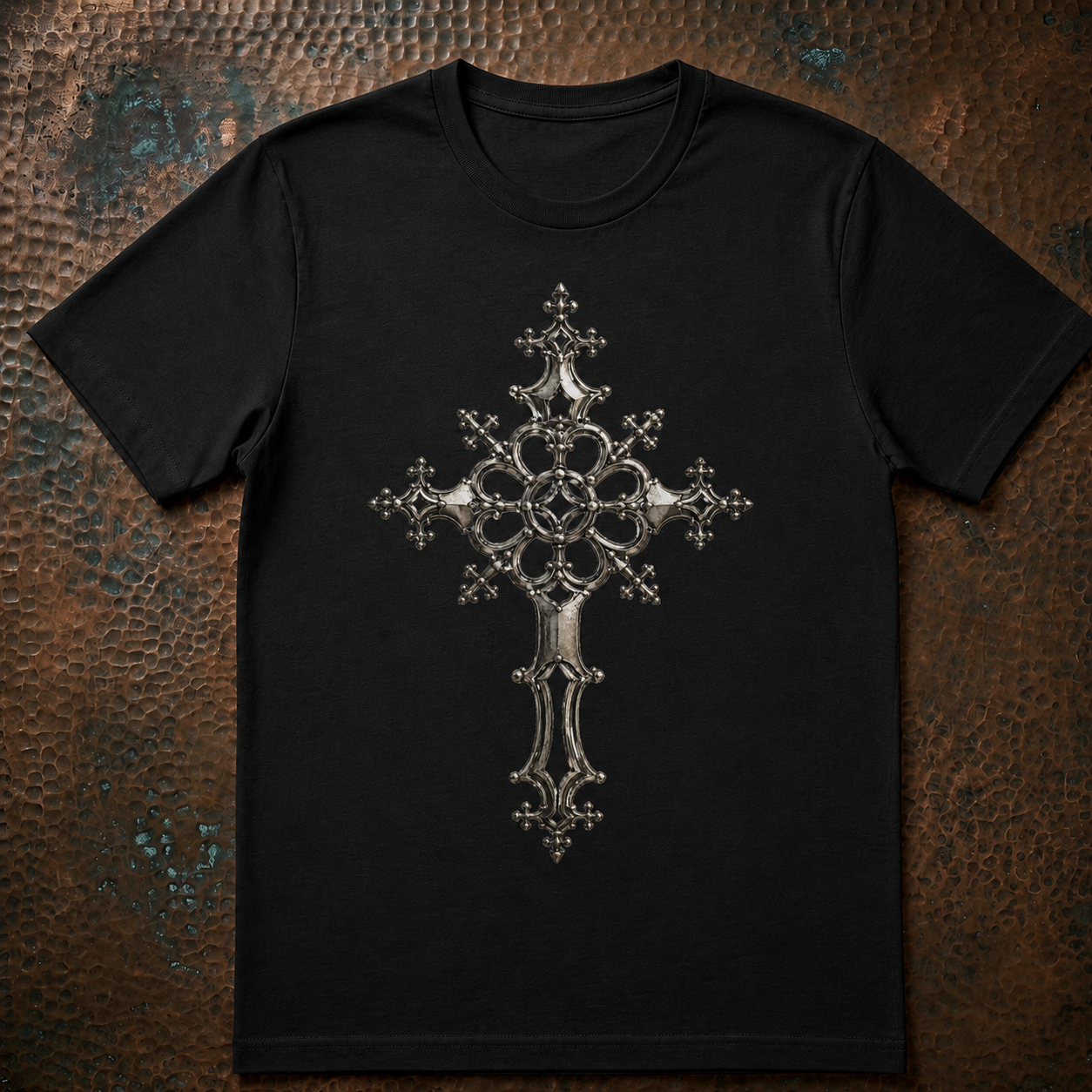 Ornate Silver Cross T-Shirt - Gothic Silver Relic