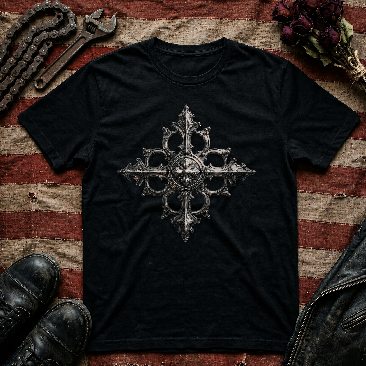 Ornate Silver Cross T-Shirt — Gothic Cross Graphic Tee