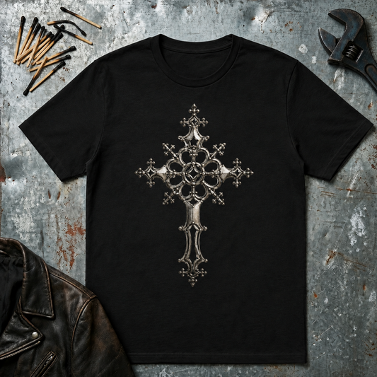 Ornate Silver Cross T-Shirt - Gothic Silver Relic