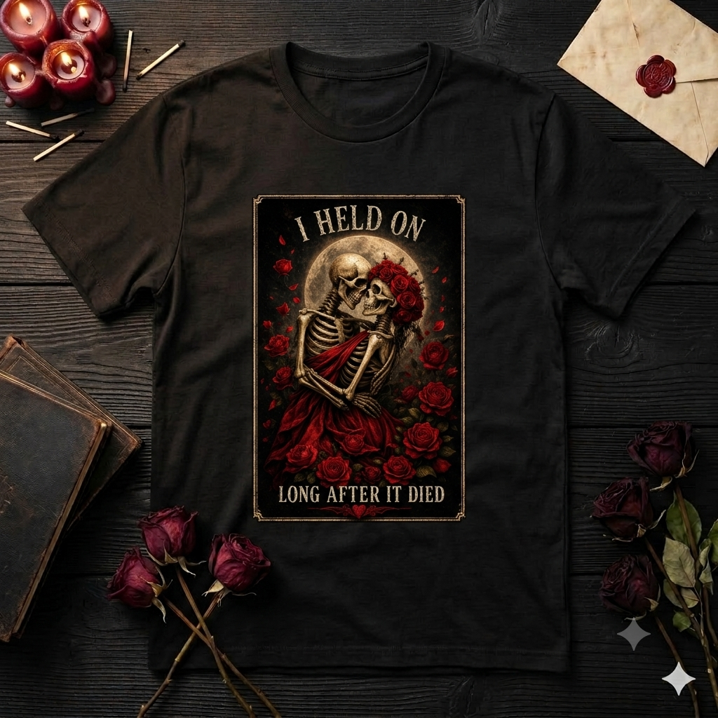 Skeleton Embrace Roses T-Shirt | I Held On Long After It Died